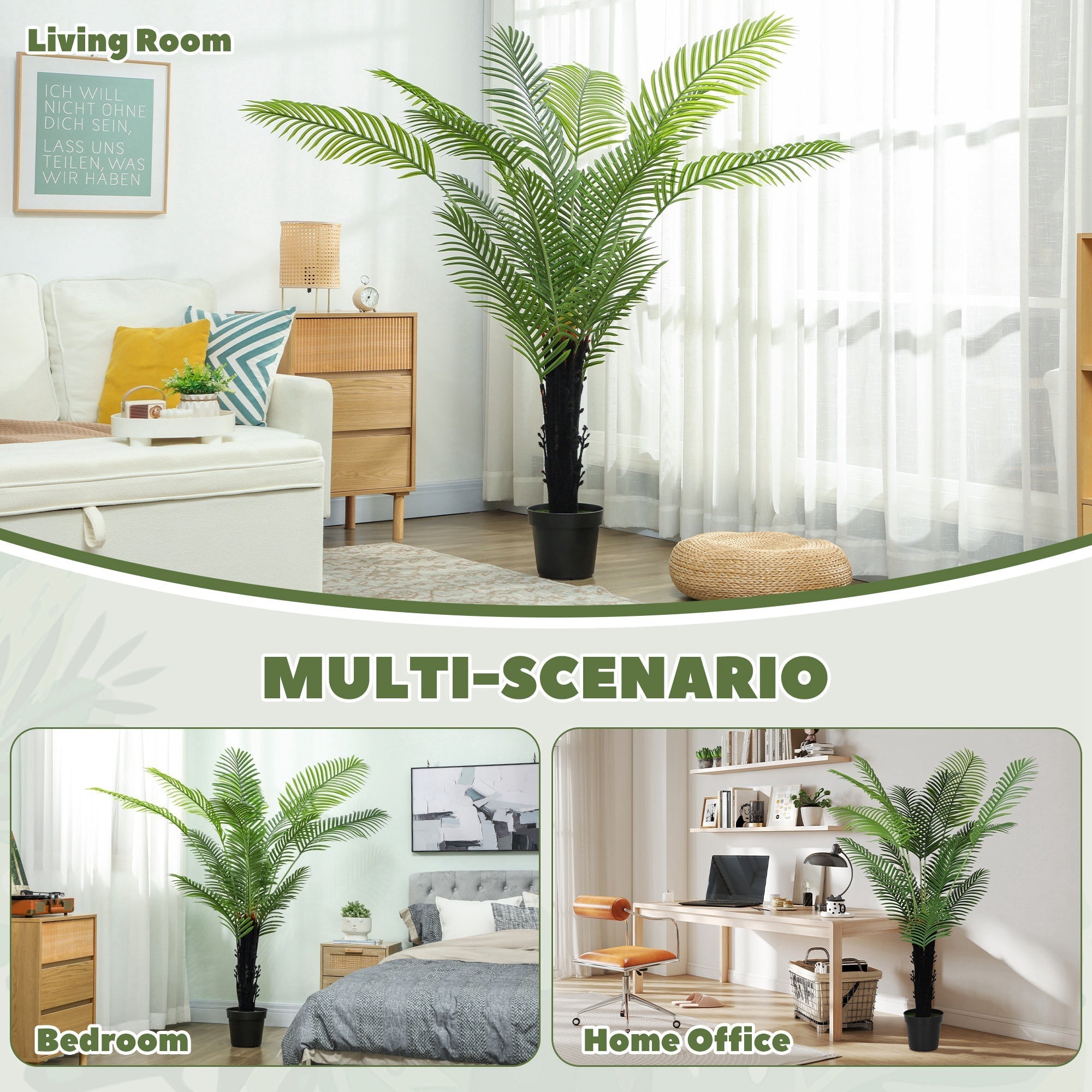 Tall artificial areca palm with lush green pe leaves and black trunk in a sleek black pot for home decor
