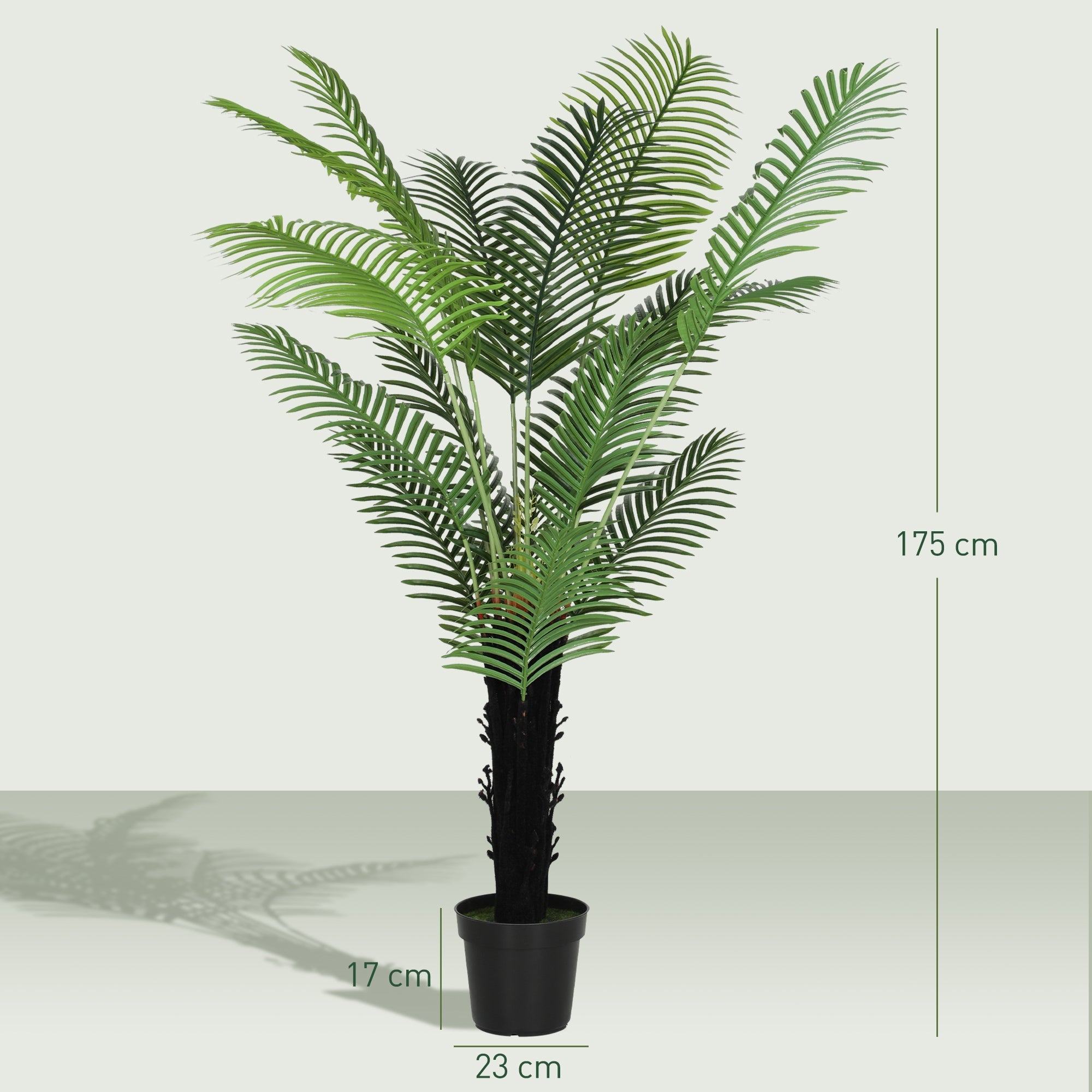 A 175 cm tall artificial areca palm with lush green pe leaves and a black textured trunk in a black pot for home decor