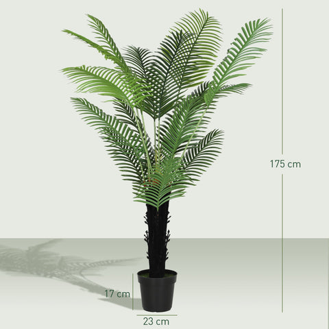 A 175 cm tall artificial areca palm with lush green pe leaves and a black textured trunk in a black pot for home decor