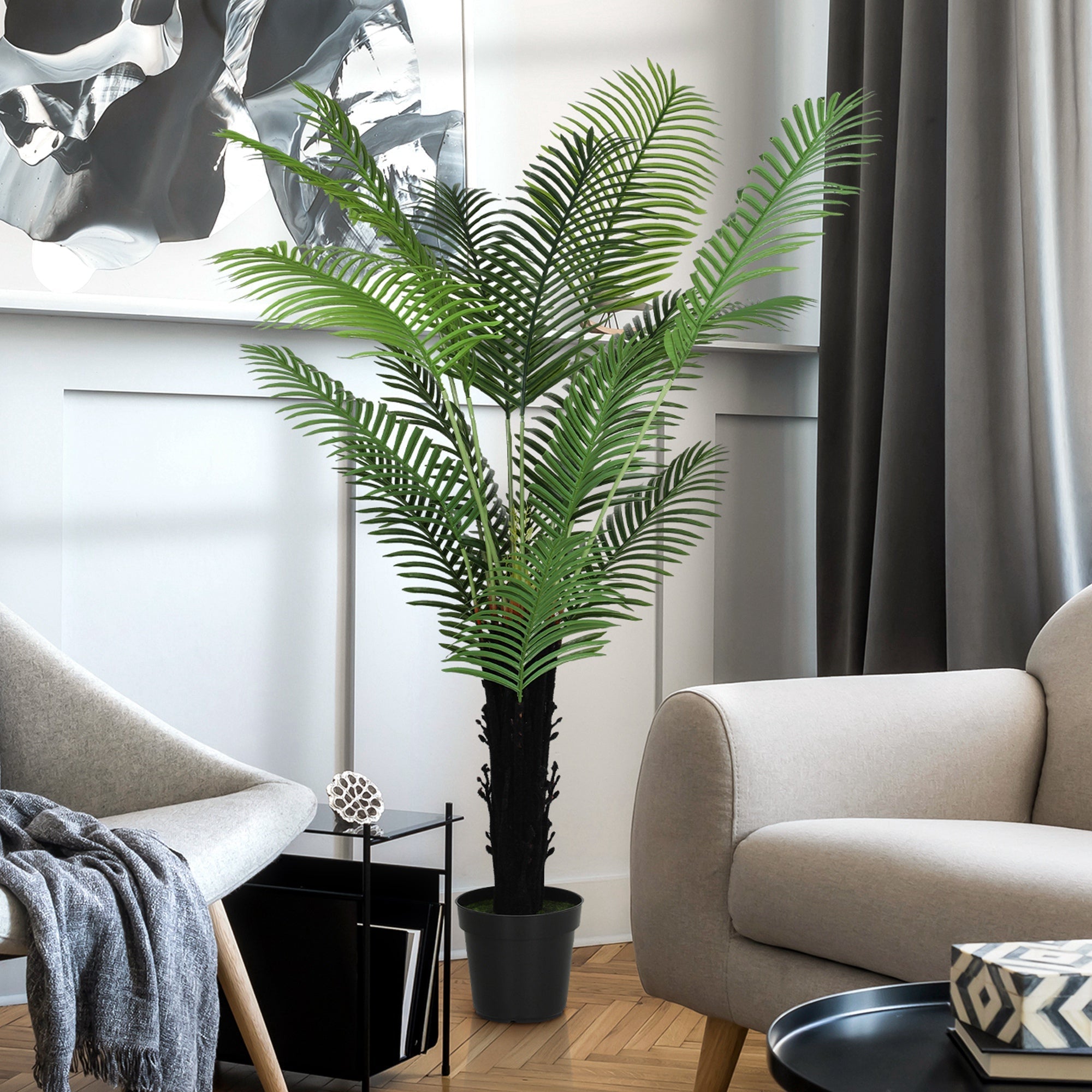 Tall artificial areca palm tree with lush green pe leaves and black trunk in a sleek black pot for home decor