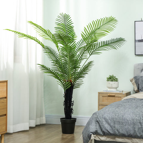 Tall artificial areca palm tree with vibrant green pe leaves and black trunk in sleek black plastic pot for home decor