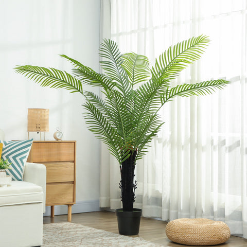 HOMCOM 175cm artificial areca palm tree with vibrant green PE leaves, black trunk, and sleek black plastic pot for home decor