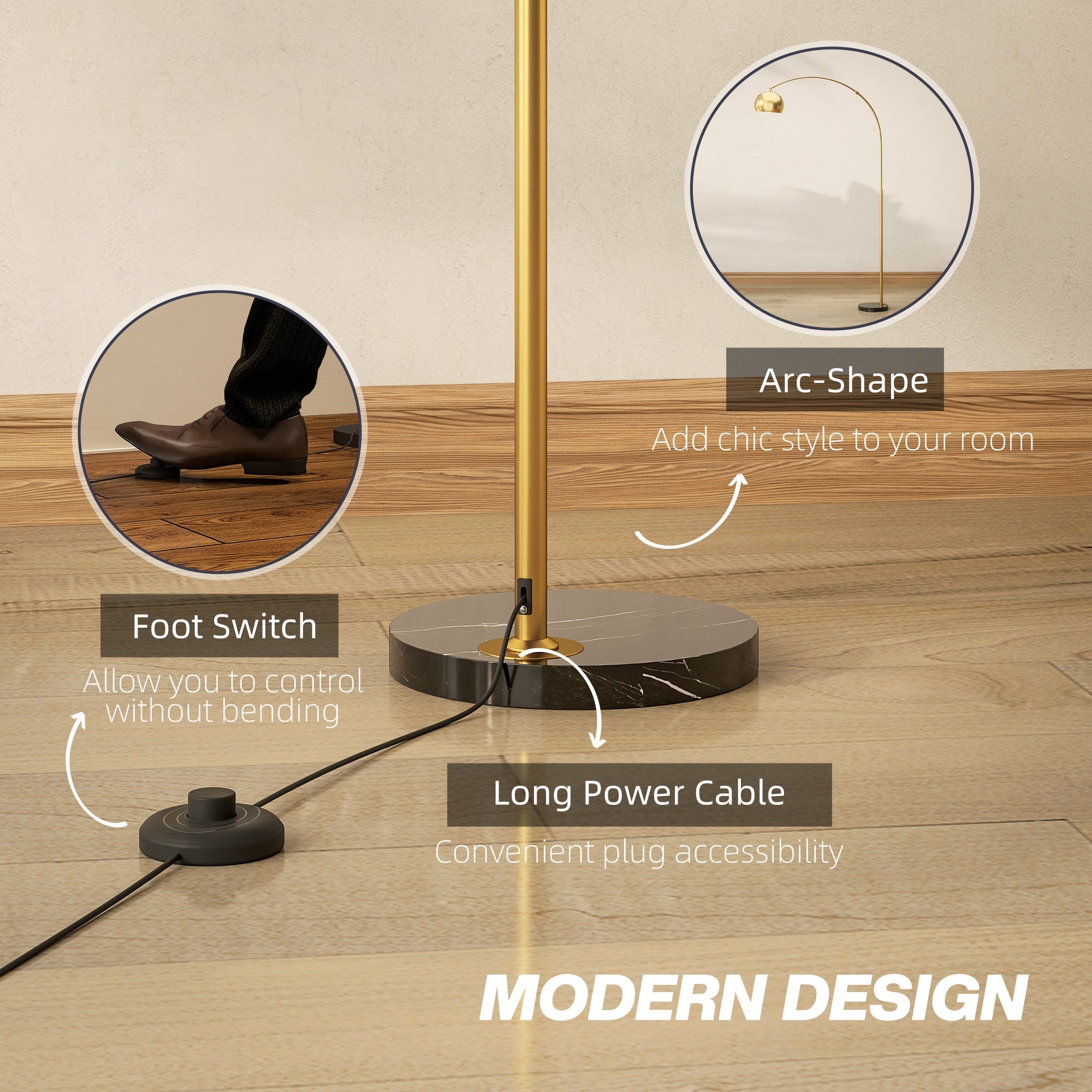 Gold finished floor lamp with sleek arc design and faux black marble base for great stability in living room use