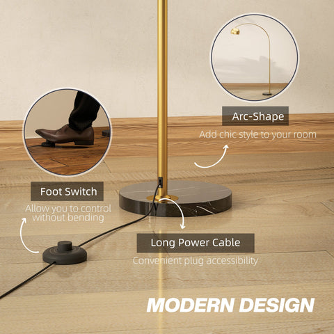 Gold finished floor lamp with sleek arc design and faux black marble base for great stability in living room use
