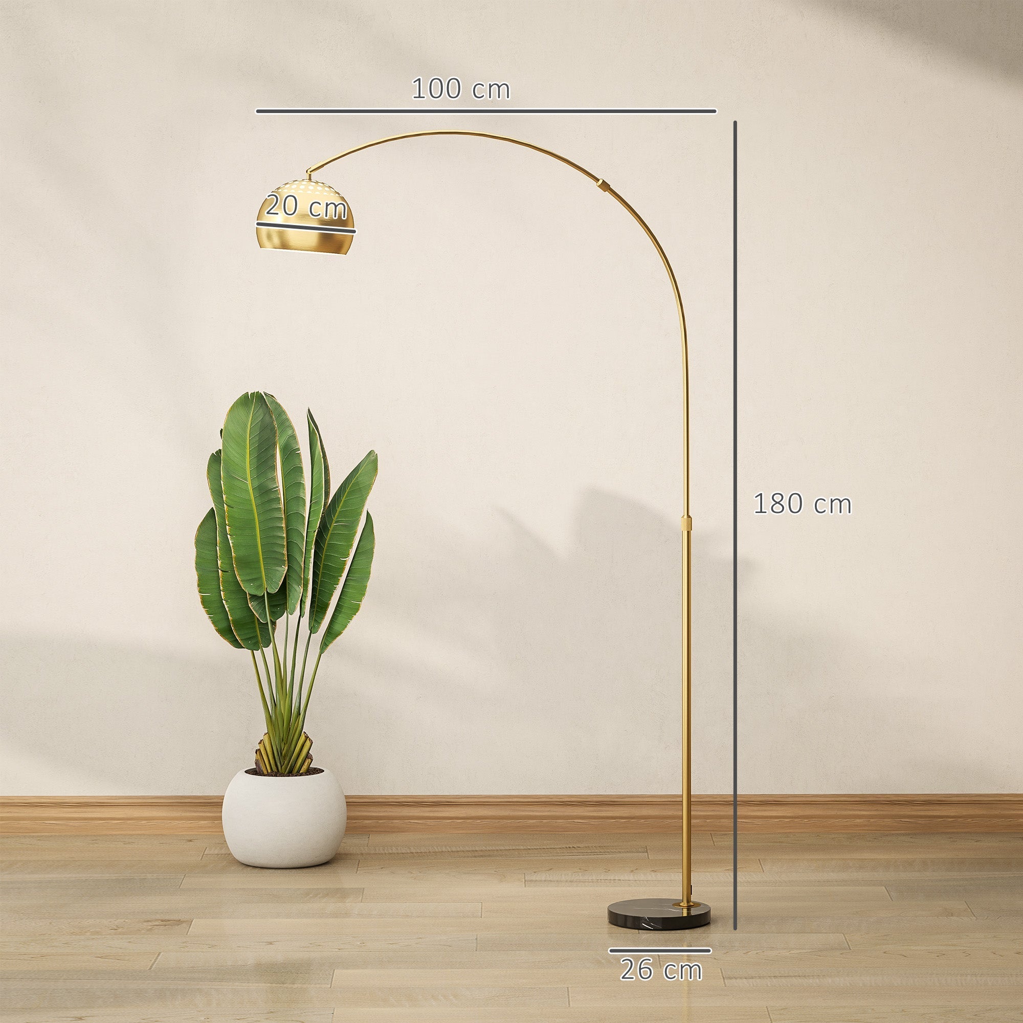 Gold tone floor lamp with arched design spherical bell shade and faux black marble base for great stability