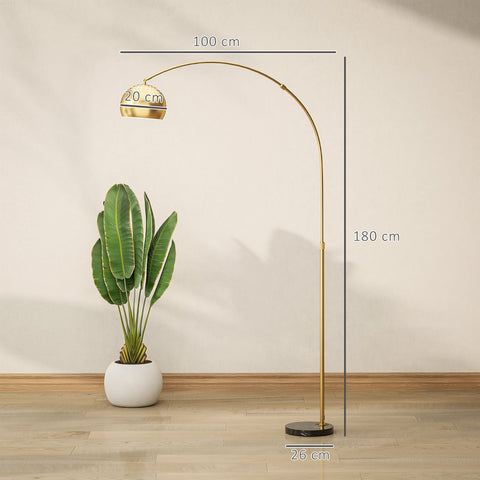 Gold tone floor lamp with arched design spherical bell shade and faux black marble base for great stability