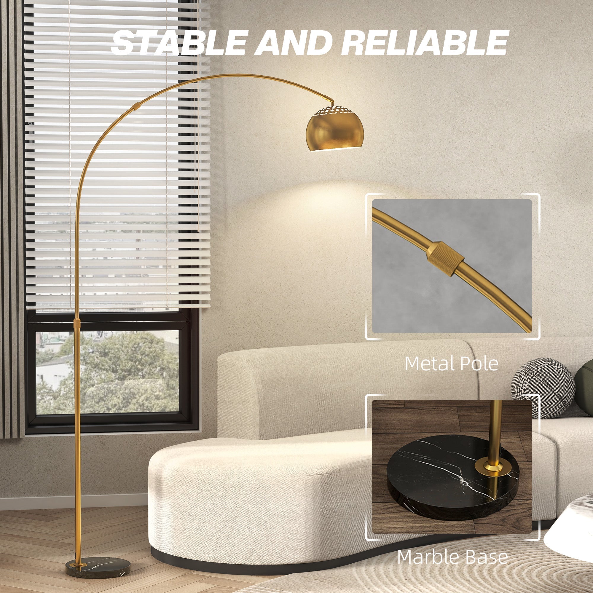 Gold tone arc floor lamp with perforated spherical shade and faux black marble base offers great stability