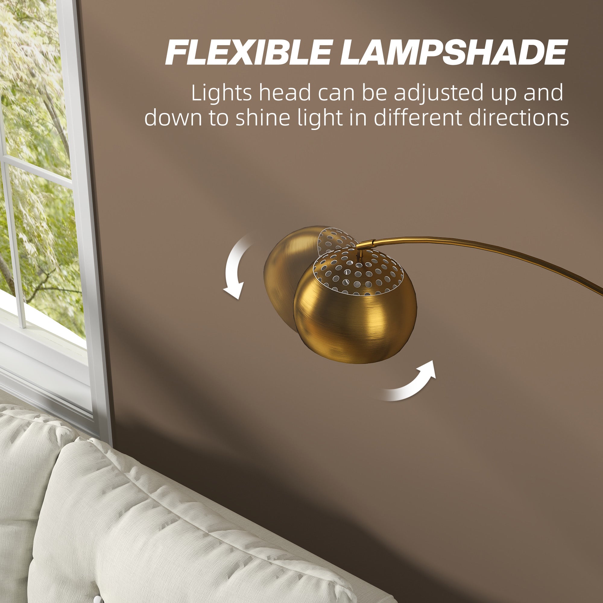 Gold-toned floor lamp with flexible perforated lampshade and sleek curved arm for great stability in living room use