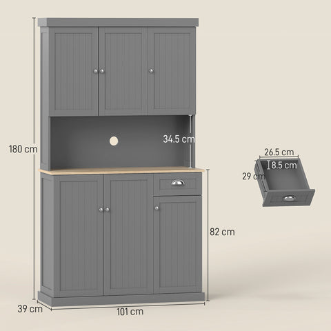 Gray wooden kitchen cabinet with particle board, light wood open countertop, silver hardware, and adjustable shelves