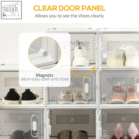 Clear plastic stackable shoe storage drawers with white magnetic closures for maximum shoe size uk eu 12 46