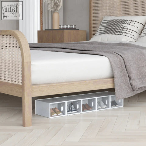 White translucent plastic clear shoe storage boxes with white handles neatly stacked under bed for maximum shoe size 12