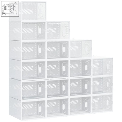 Clear plastic stackable shoe storage boxes with white handles and magnetic doors for maximum shoe size up to 46