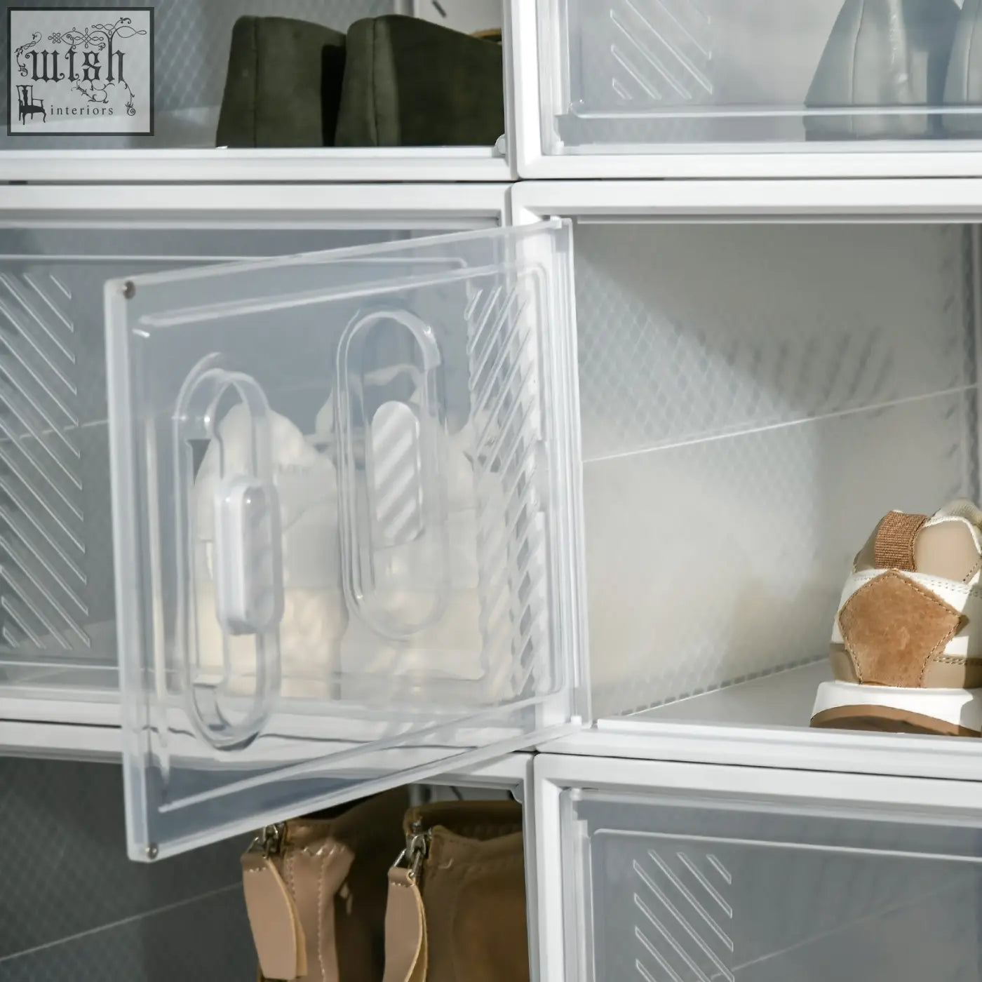 Clear plastic shoe storage drawer with white handle and diagonal ribbed interior fits maximum shoe size uk 12 eu 46