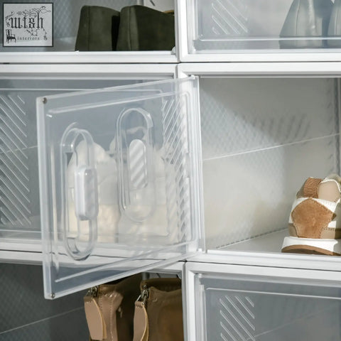 Clear plastic shoe storage drawer with white handle and diagonal ribbed interior fits maximum shoe size uk 12 eu 46