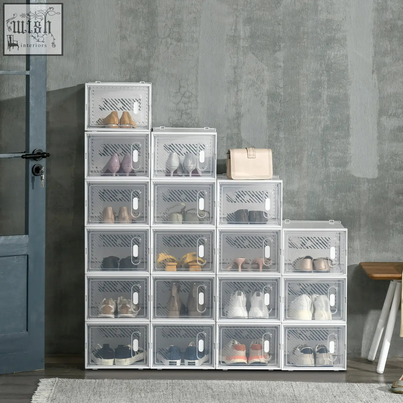 Stacked clear plastic shoe storage boxes with white frames and magnetic doors for maximum shoe size uk eu 12 46