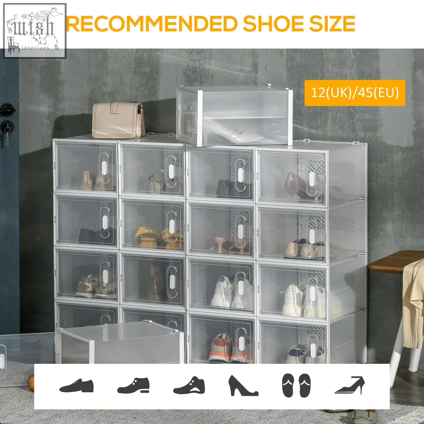 Clear plastic HOMCOM shoe storage boxes with silver handles and grid sides fit maximum shoe size UK 12 EU 46