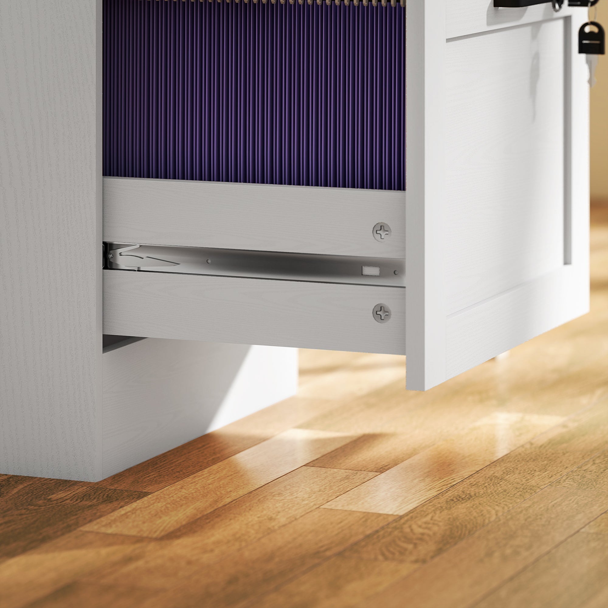 White homcom 2-drawer filing cabinet with lock featuring a sleek modern design and purple wood effect slats inside