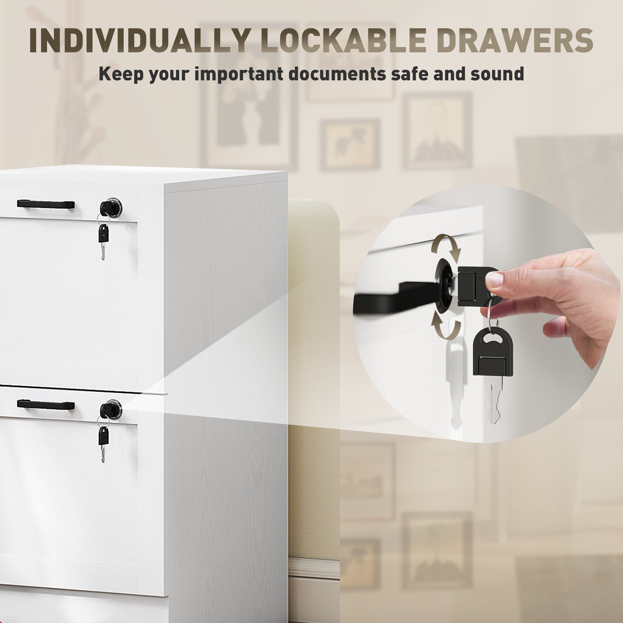 White homcom 2-drawer wood effect file cabinet with black key locks and handles good as a printer stand