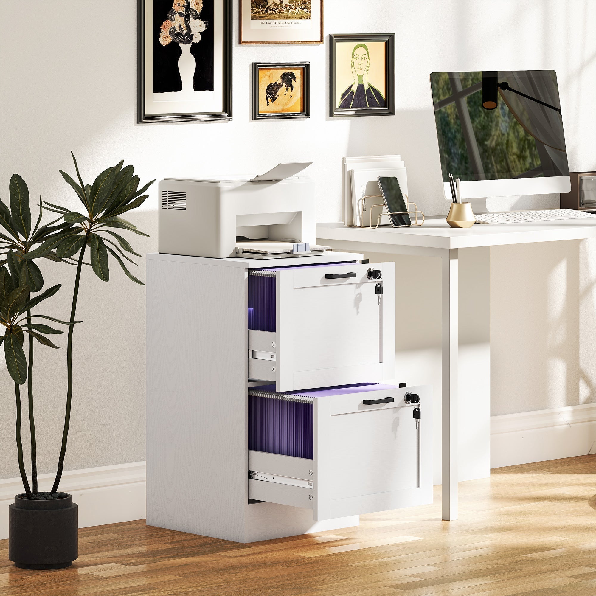 White homcom 2-drawer file cabinet with lock featuring purple folders black handles wood effect printer stand