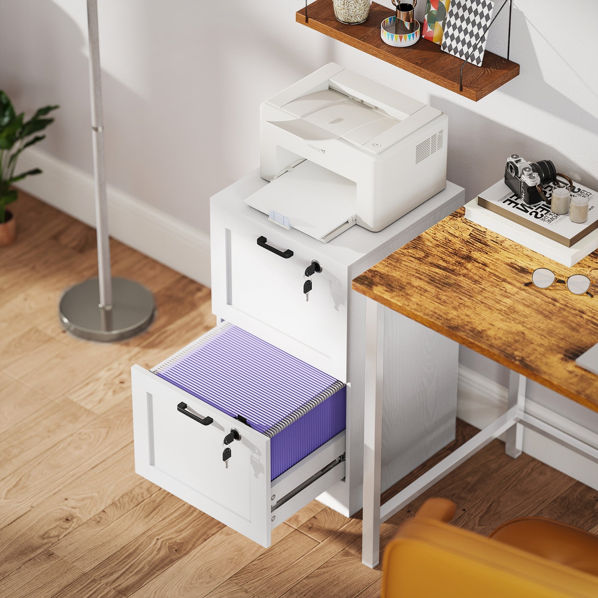 Homcom 2-drawer white file cabinet with lock black handles wood effect and purple striped folder in lower drawer