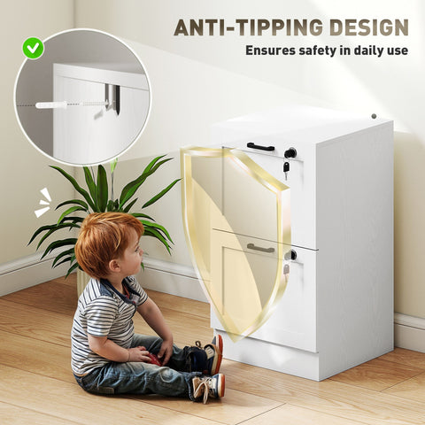 White homcom 2-drawer filing cabinet with lock black handles wood effect anti-tipping design for safe use