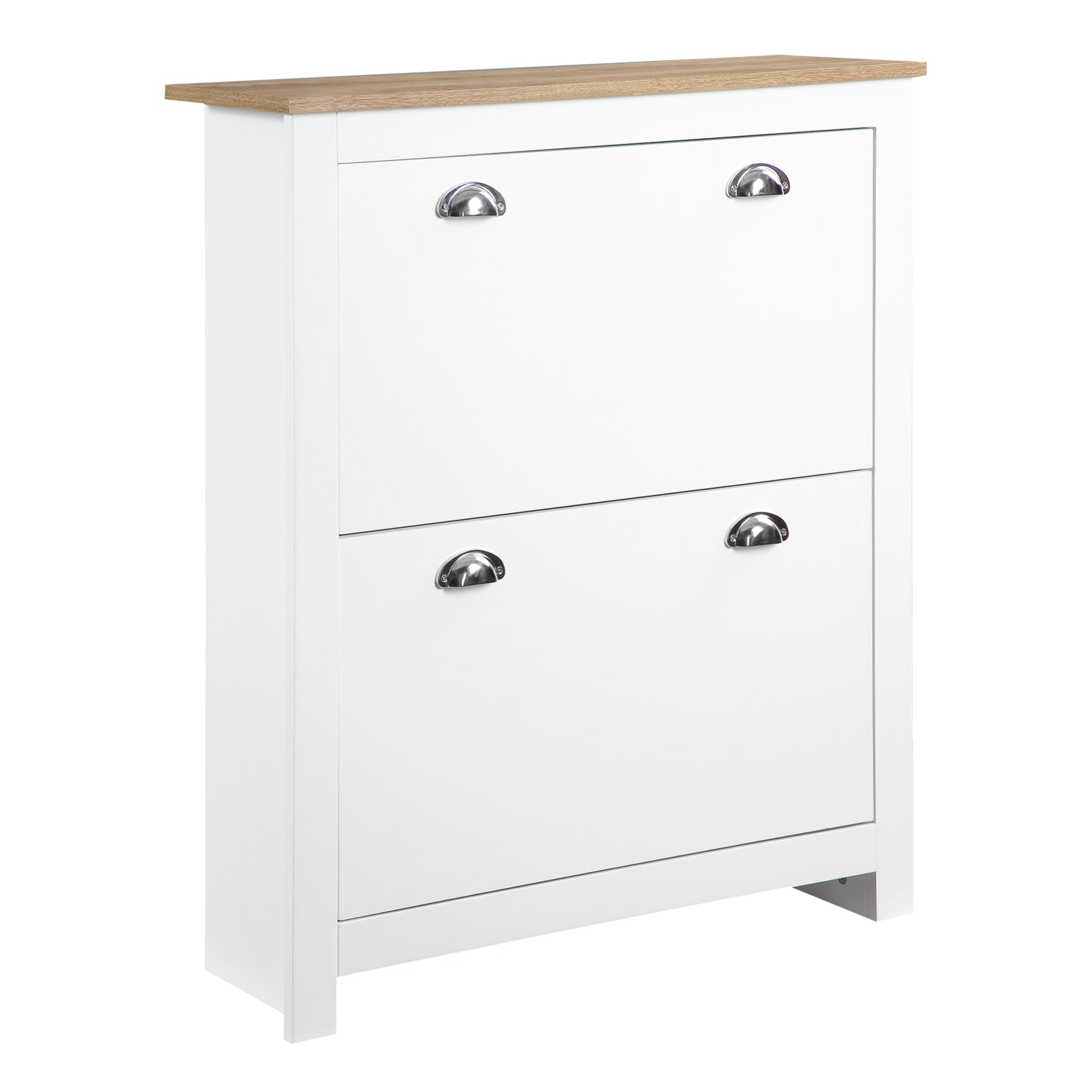 White shoe storage cabinet with light wood top silver metallic handles two tipping drawers and adjustable shelf for 12 pairs