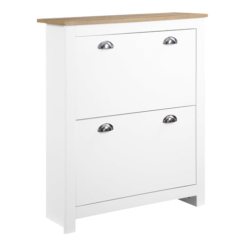 White shoe storage cabinet with light wood top silver metallic handles two tipping drawers and adjustable shelf for 12 pairs