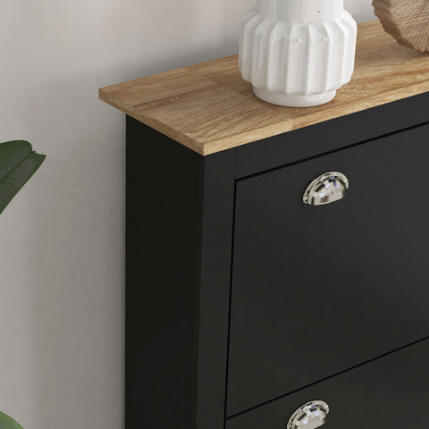 Black wooden homcom shoe cabinet with light wood top silver half-moon handles two tipping drawers adjustable shelf
