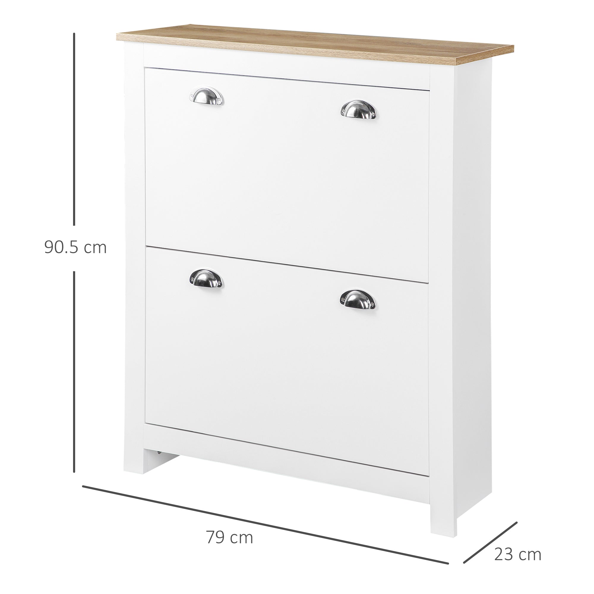 White two-drawer shoe cabinet with light wood top and silver handles features adjustable shelf and two tipping drawers