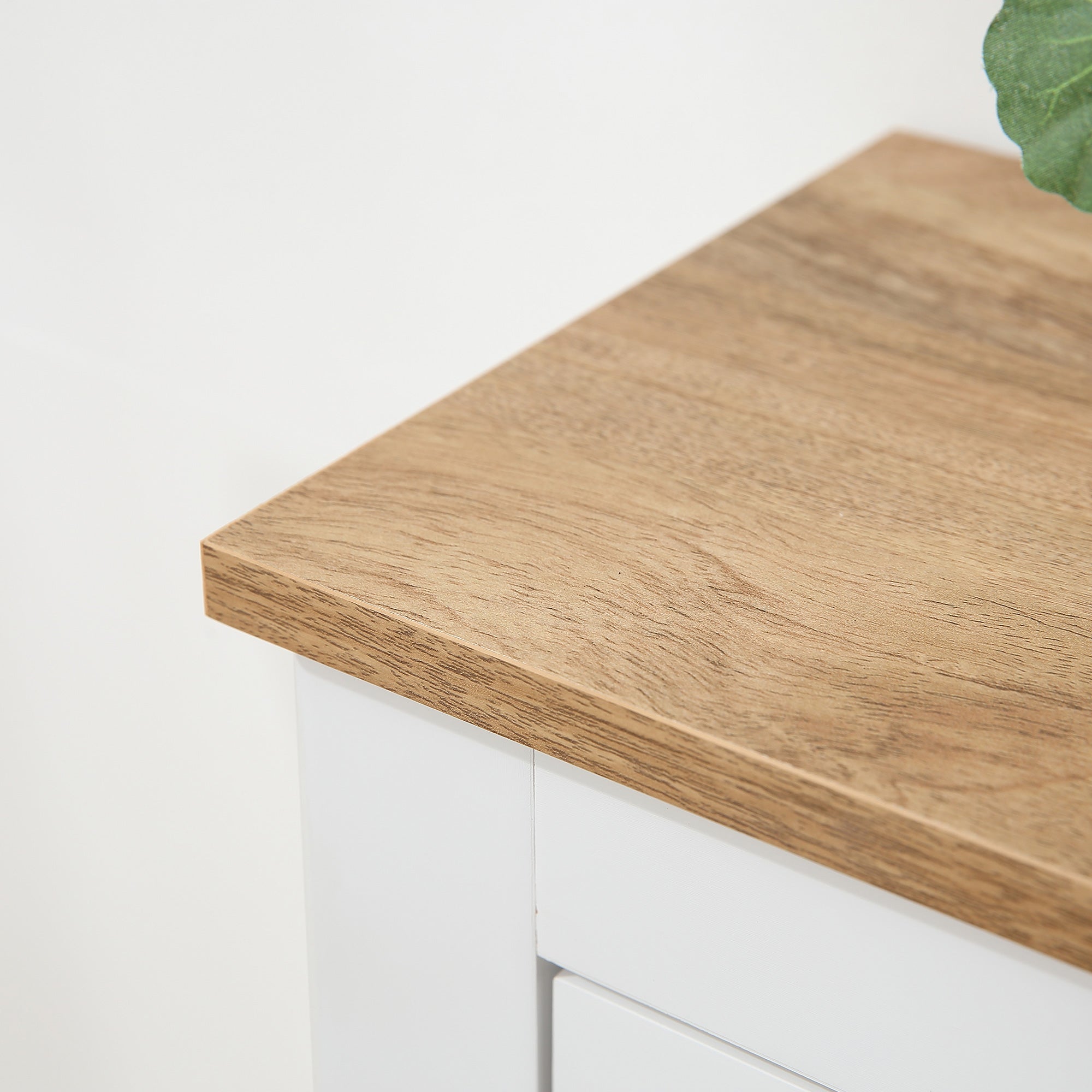 Light oak wood countertop on homcom white wooden shoe cabinet with two tipping drawers and adjustable shelf