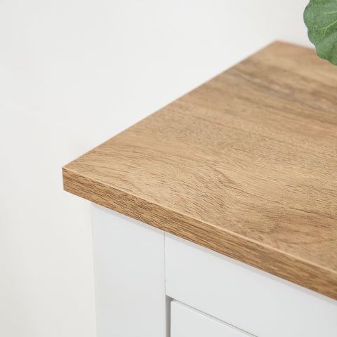 Light oak wood countertop on homcom white wooden shoe cabinet with two tipping drawers and adjustable shelf
