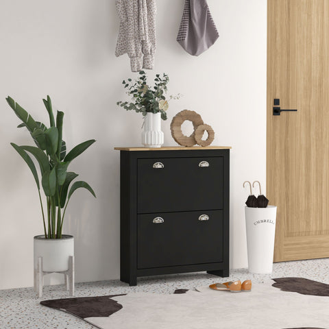 Black two drawer shoe cabinet with light wood top silver handles featuring adjustable shelf and two tipping drawers for storage