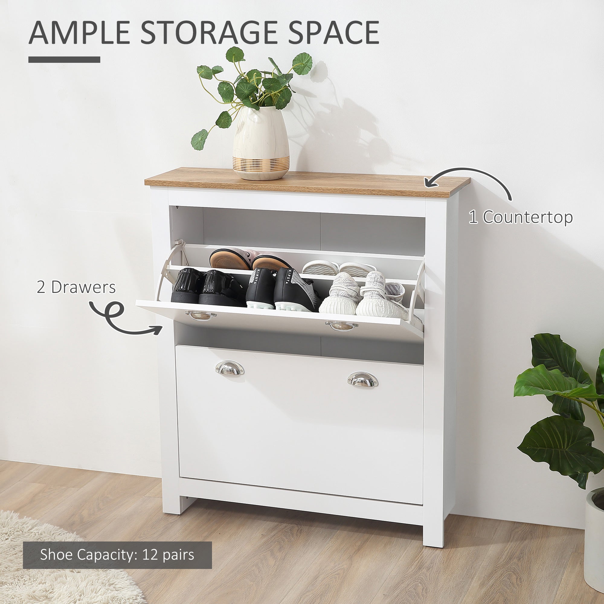 White shoe storage cabinet with light wood countertop two tipping drawers silver handles and adjustable shelf