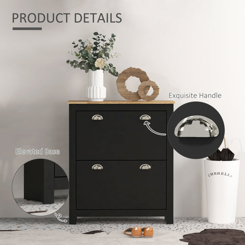Black homcom two tipping two drawer shoe cabinet with wooden top silver handles and adjustable shelf for 12 pairs