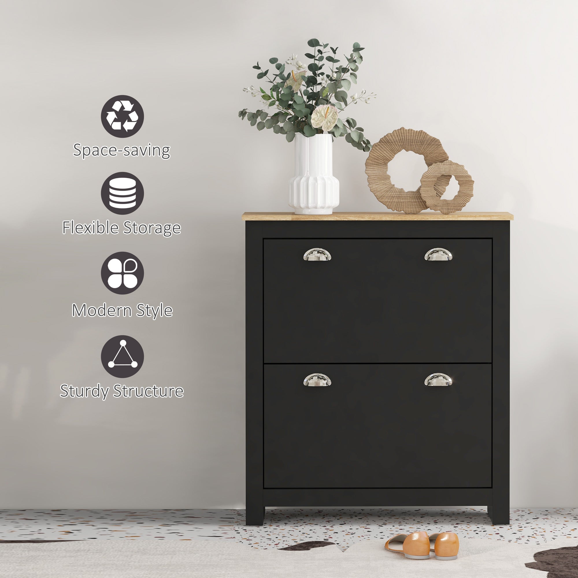 Black homcom 2 drawer shoe cabinet with light wood top silver handles two tipping drawers and adjustable shelf for storage