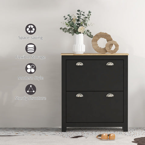 Black homcom 2 drawer shoe cabinet with light wood top silver handles two tipping drawers and adjustable shelf for storage