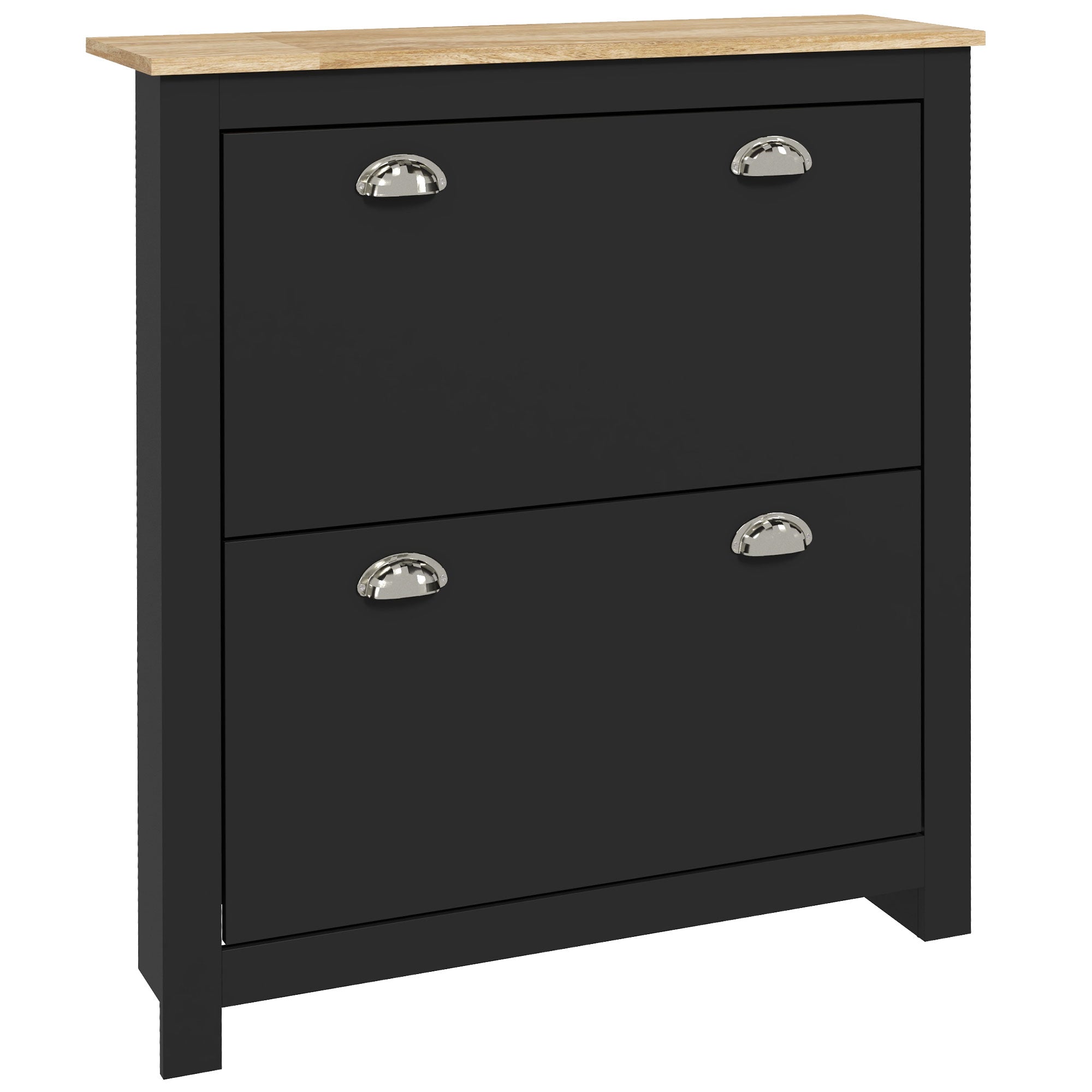 Black two drawer shoe cabinet with light wood top silver half moon handles and adjustable shelf for 12 pairs