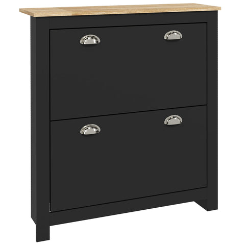 Black two drawer shoe cabinet with light wood top silver half moon handles and adjustable shelf for 12 pairs