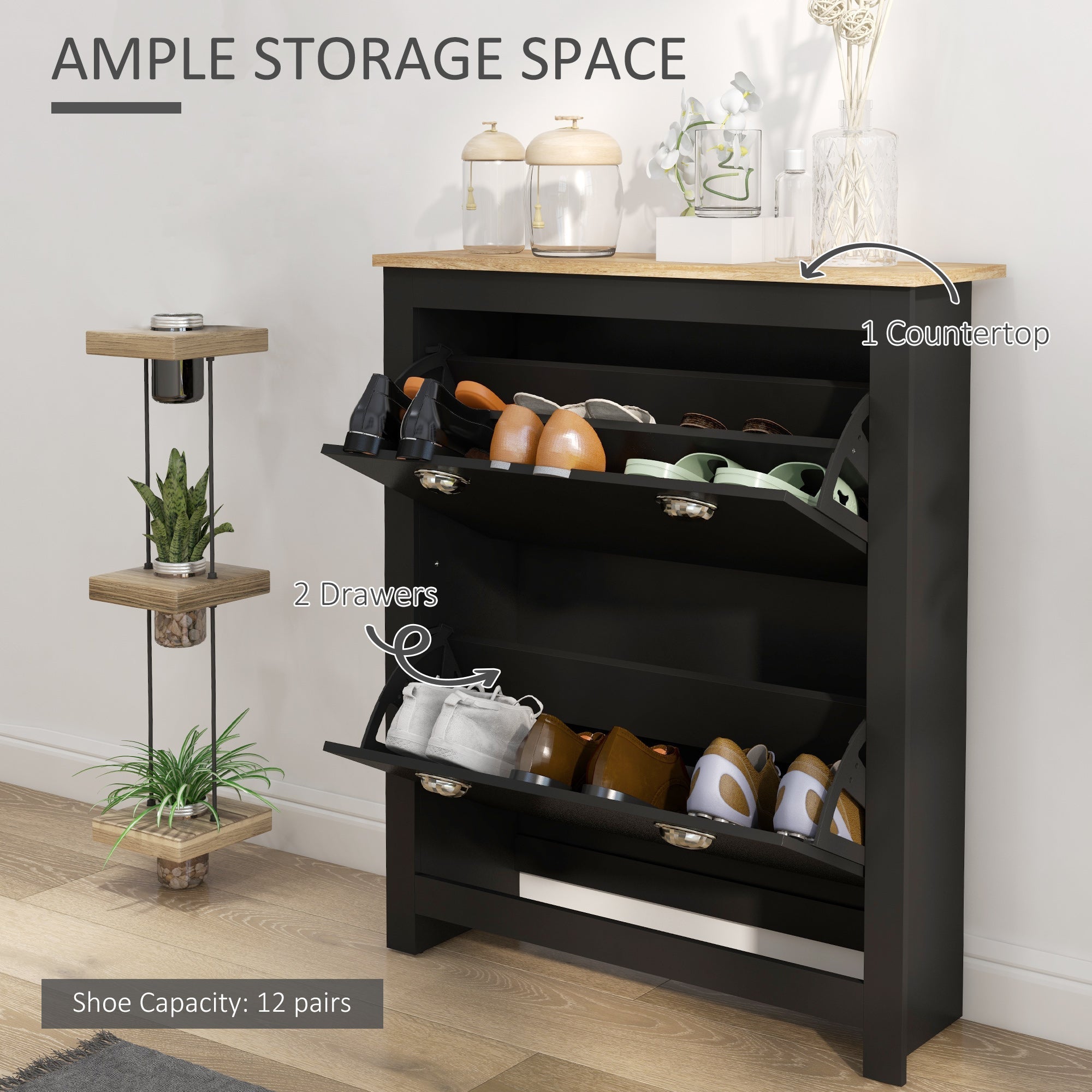 Black homcom shoe cabinet with wooden countertop two tipping drawers and adjustable shelf for 12 pairs