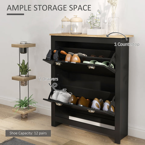 Black homcom shoe cabinet with wooden countertop two tipping drawers and adjustable shelf for 12 pairs