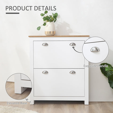 White two drawer shoe cabinet with light wood top silver dome handles adjustable shelf and two tipping drawers for storage