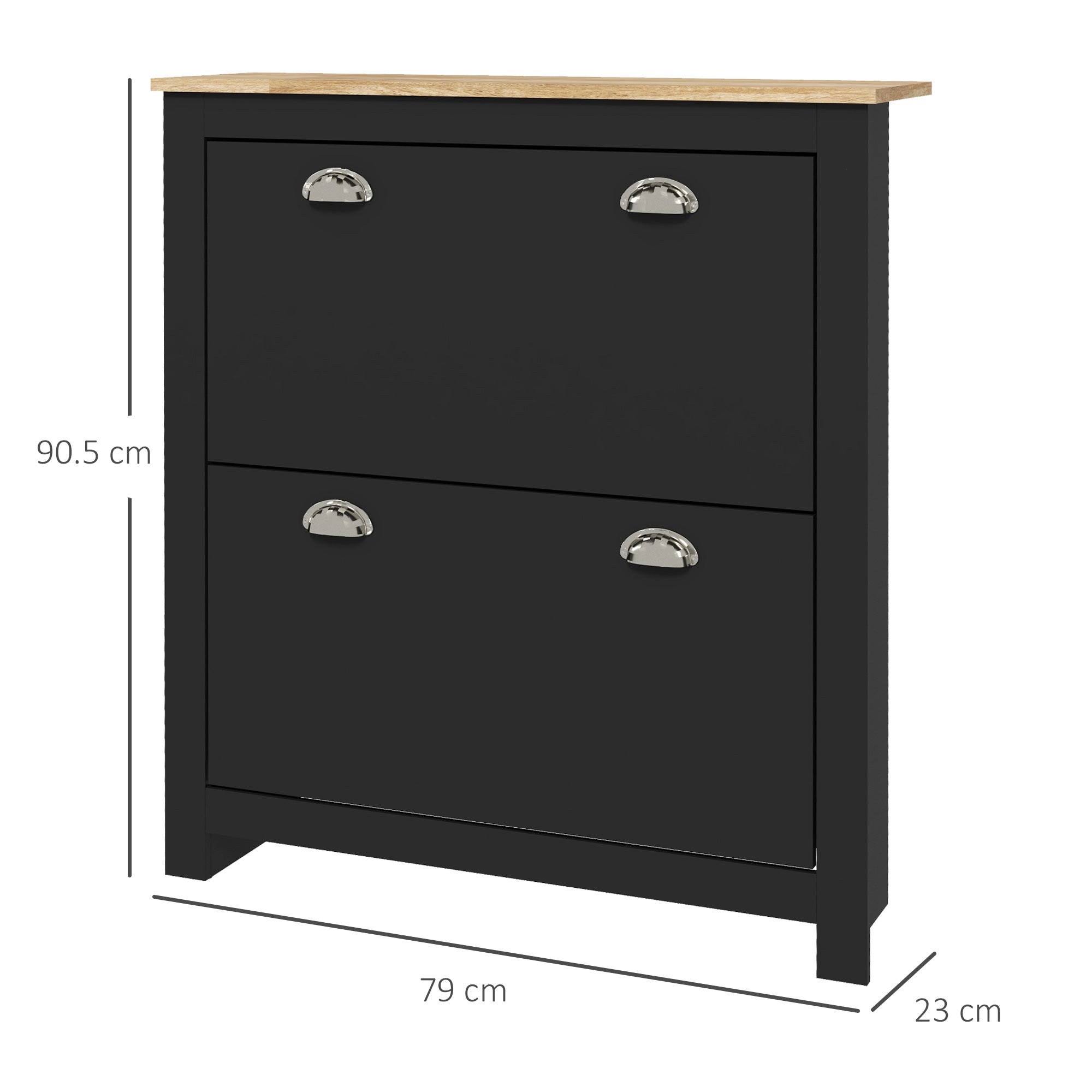 Black two drawer shoe cabinet with light wood top and silver handles featuring adjustable shelf and two tipping drawers