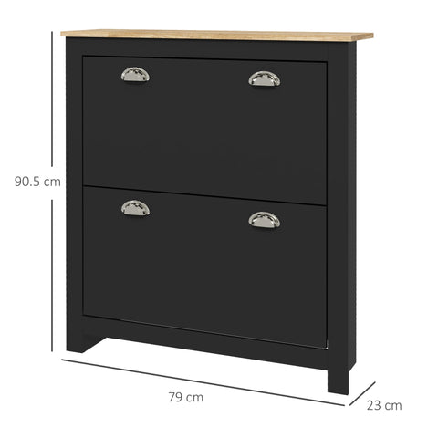 Black two drawer shoe cabinet with light wood top and silver handles featuring adjustable shelf and two tipping drawers
