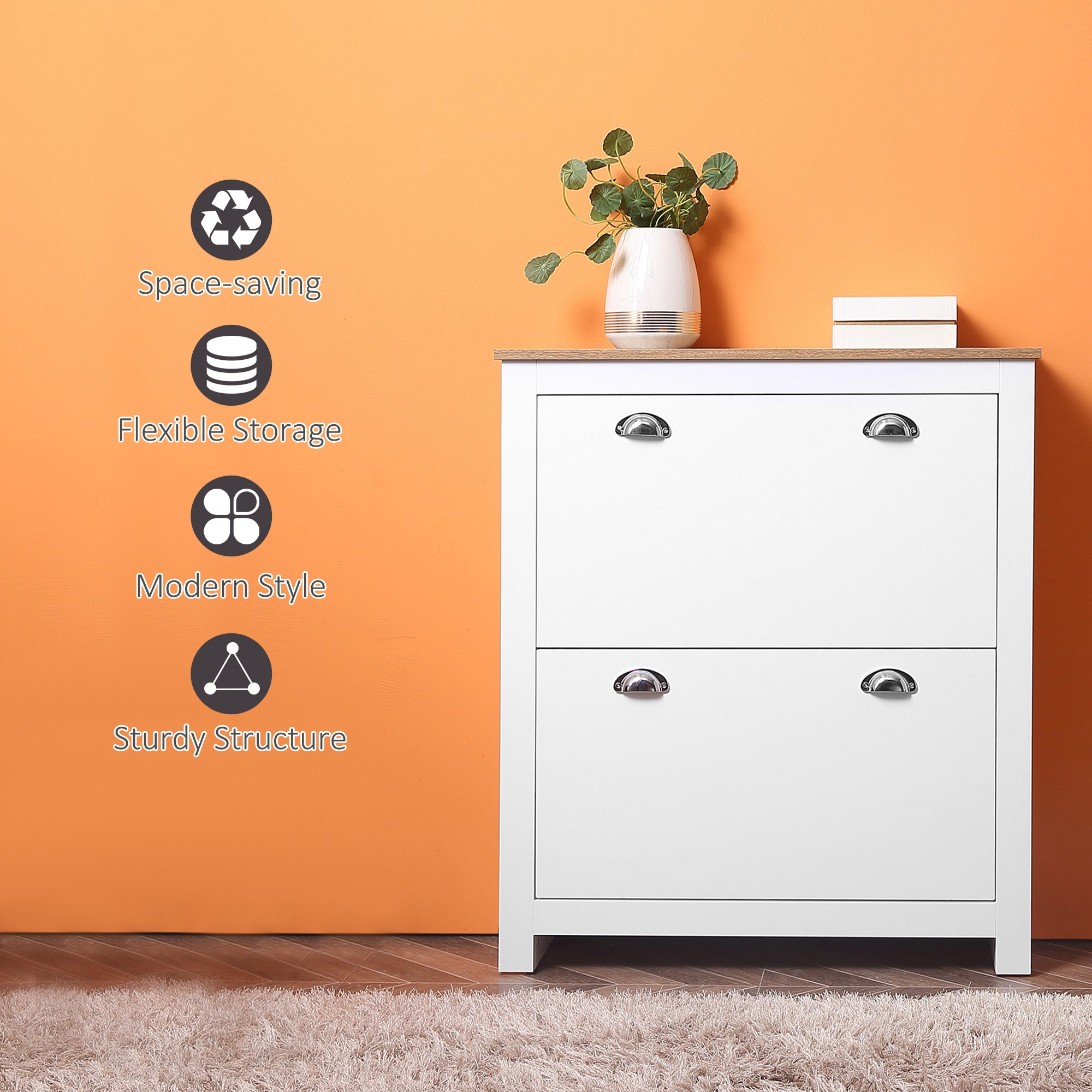White two tipping drawer shoe cabinet with wood-grain top and silver handles featuring adjustable shelf for hallway storage