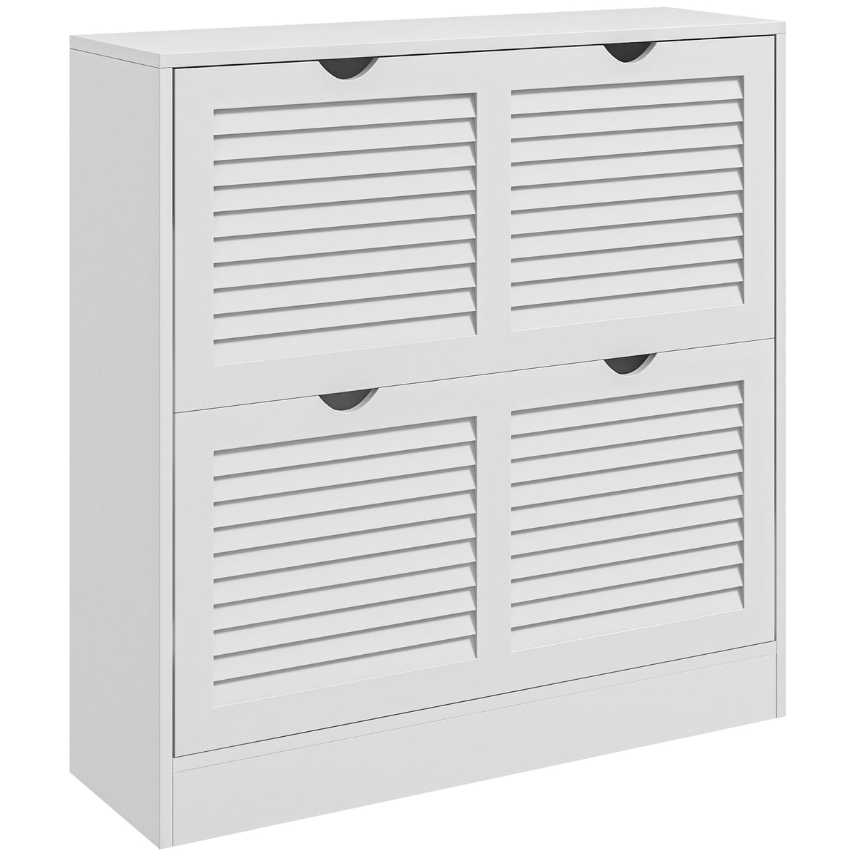 White two-tier shoe storage cabinet with slatted doors black circular handles and adjustable shelves for 16 pairs of shoes