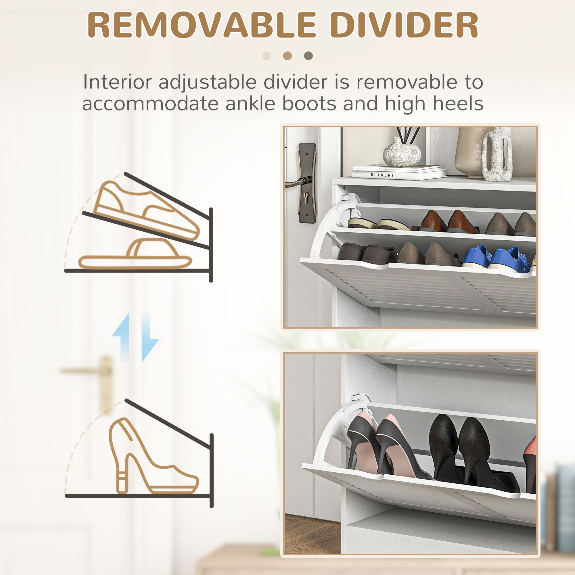 White HOMCOM shoe storage cabinet with adjustable shelves and removable divider for organizing boots and heels