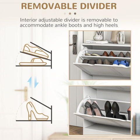 White HOMCOM shoe storage cabinet with adjustable shelves and removable divider for organizing boots and heels