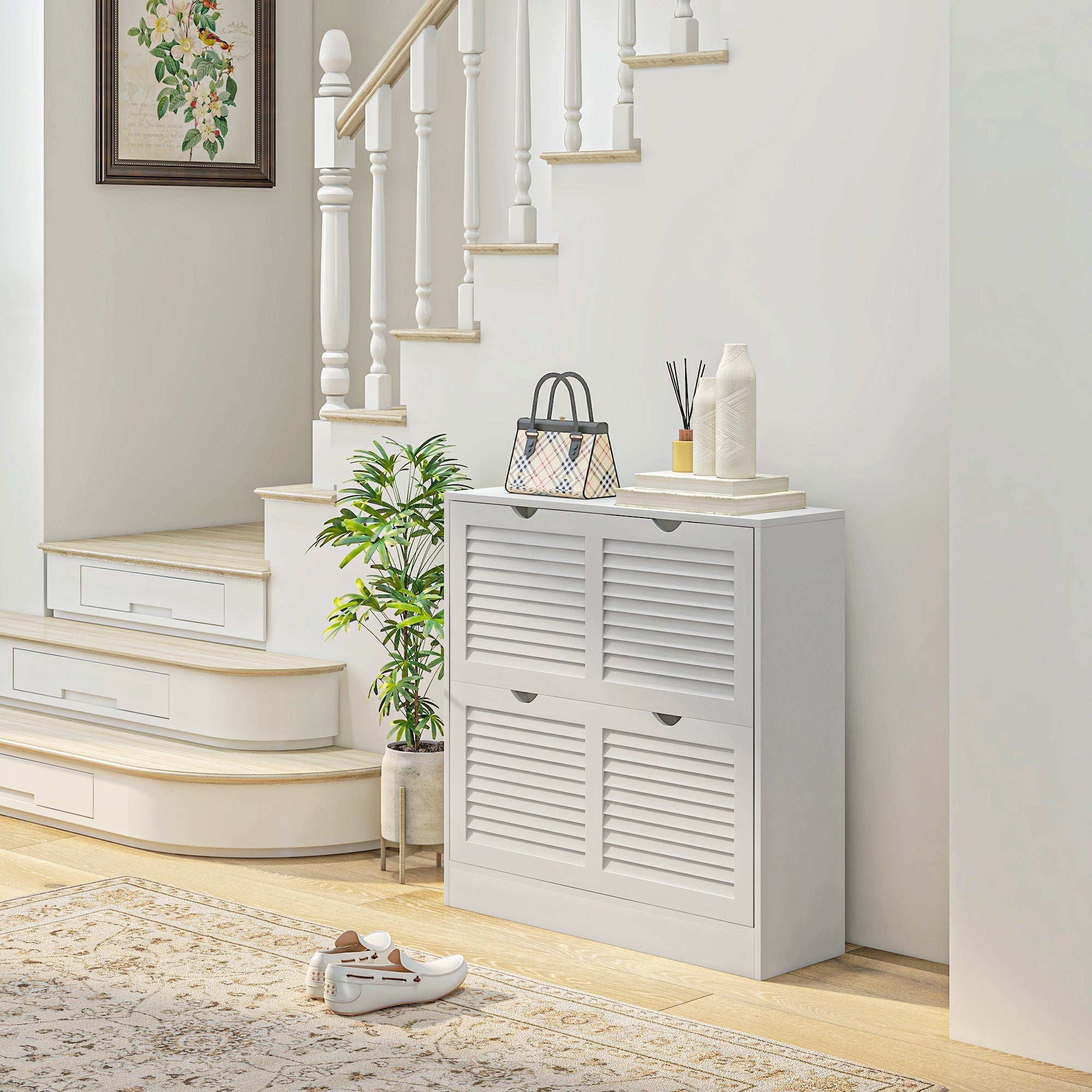 White shoe storage cabinet with slatted doors and 2 flip drawers for entryway shoe storage and adjustable shelves