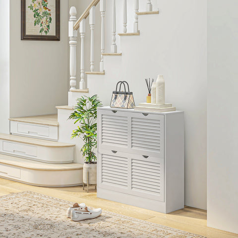 White shoe storage cabinet with slatted doors and 2 flip drawers for entryway shoe storage and adjustable shelves