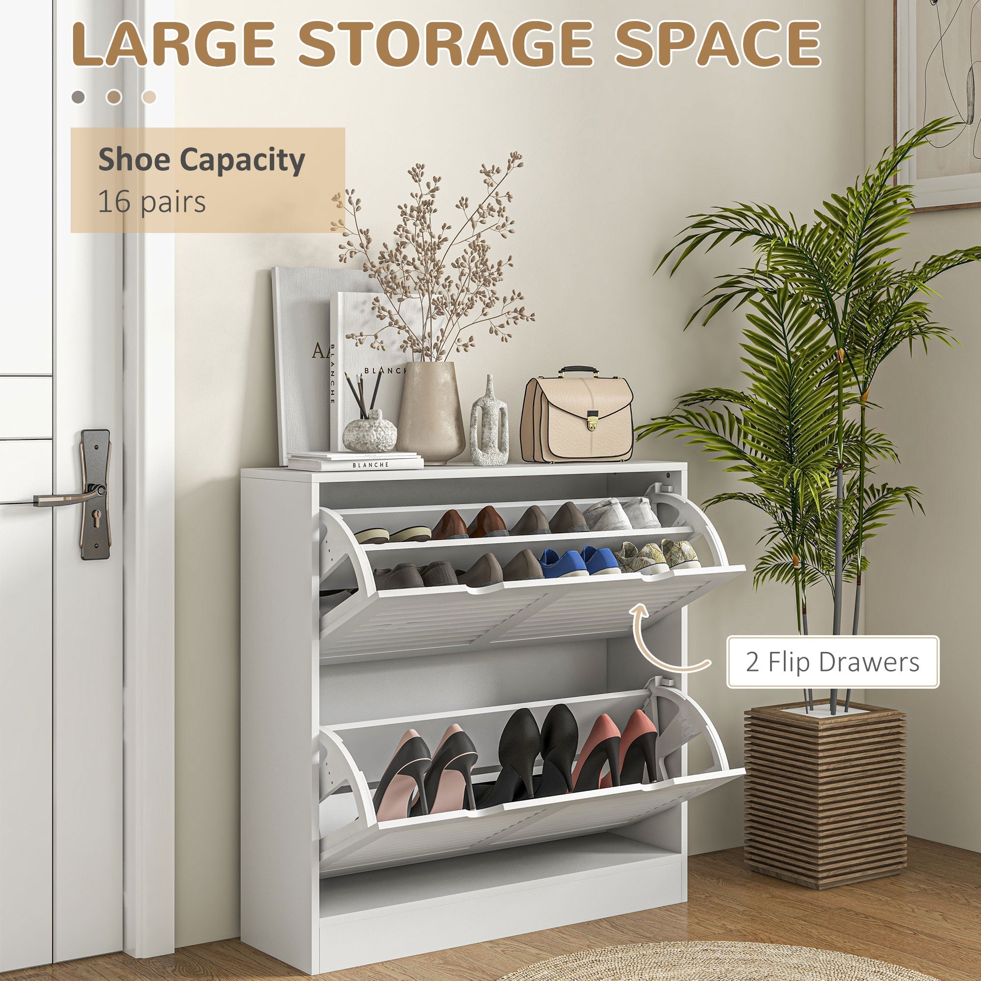 White multi tiered shoe storage cabinet with 2 flip drawers louvred doors holds 16 pairs for entryway storage